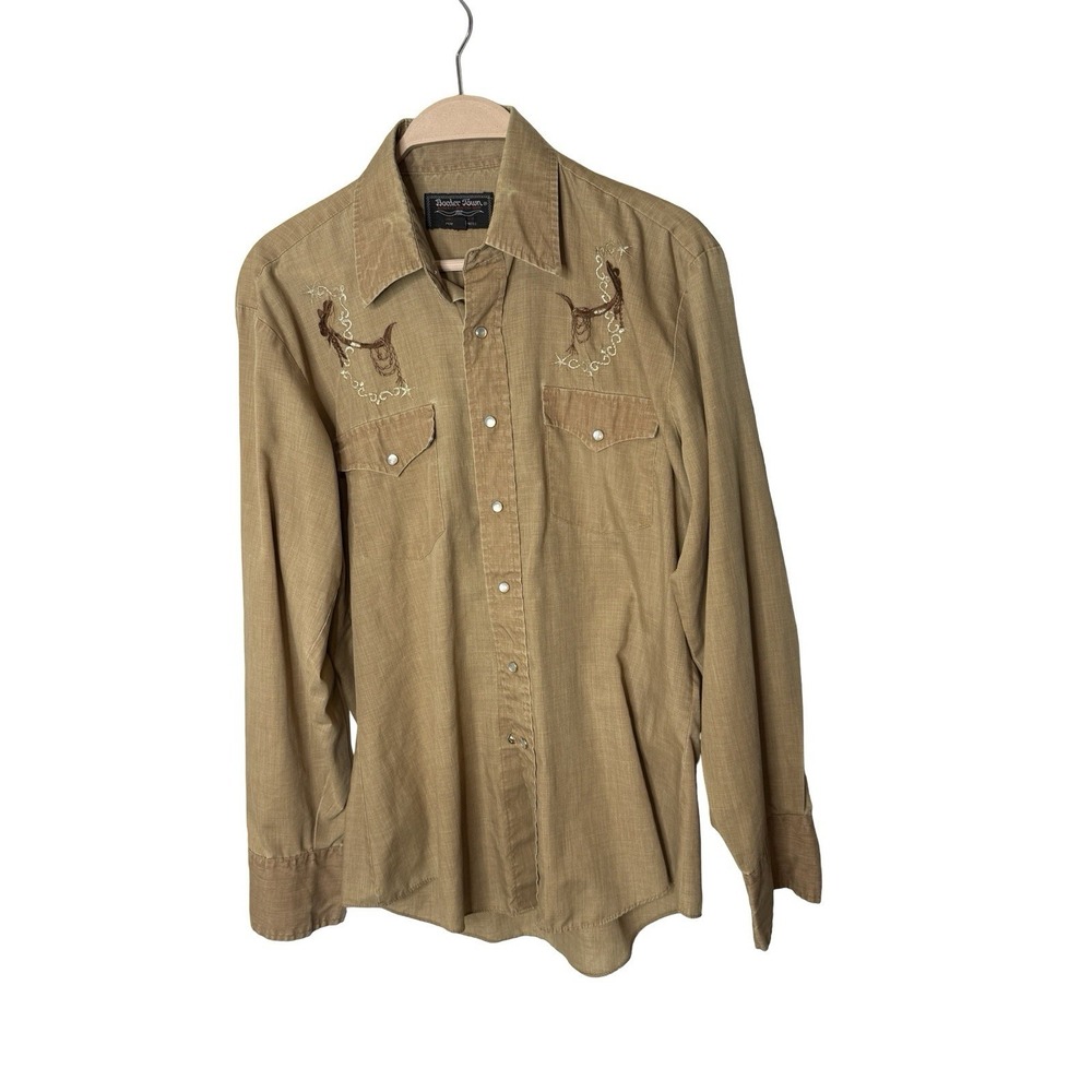 Border‎ Town Shirt Men's medium 15-15.5  Brown Pearl Snap Western Cowboy VTG